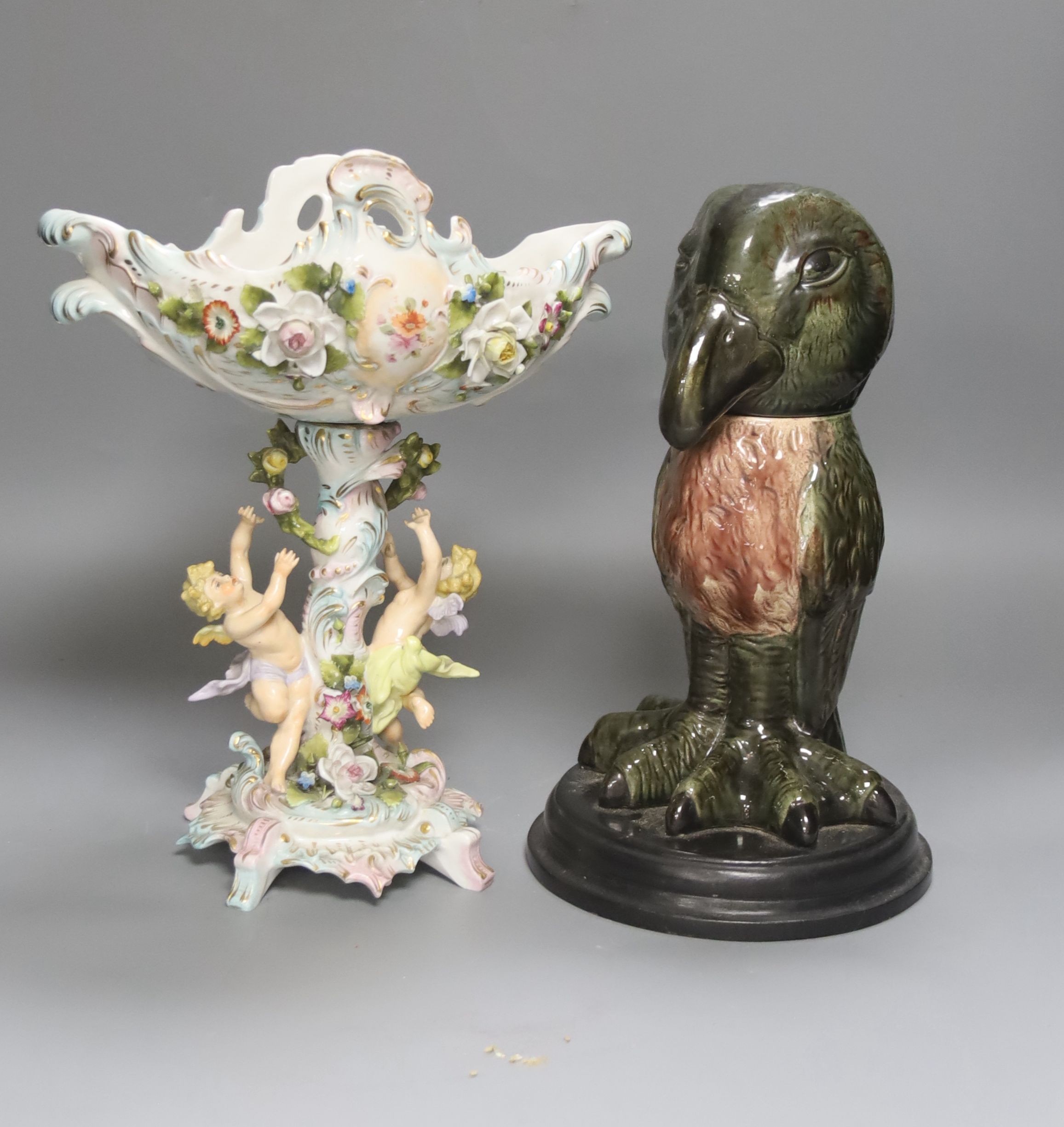 A Martinware style bird and a French centrepiece